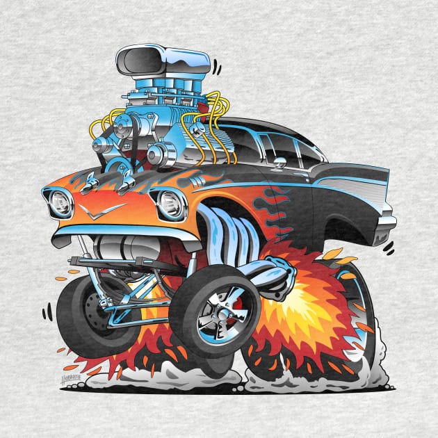 Classic hot rod fifties style gasser drag racing muscle car, red hot flames, big engine, lots of chrome, cartoon illustration by hobrath